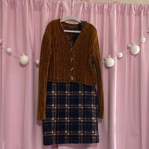 Art Class Brown Cardigan and Plaid Jumper Set